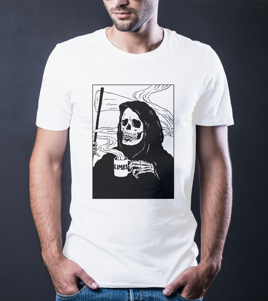 Chelsea Grin Down Right Merch Limbs Coffee Reaper Skeleton Holding Scythe And Mug T-Shirt