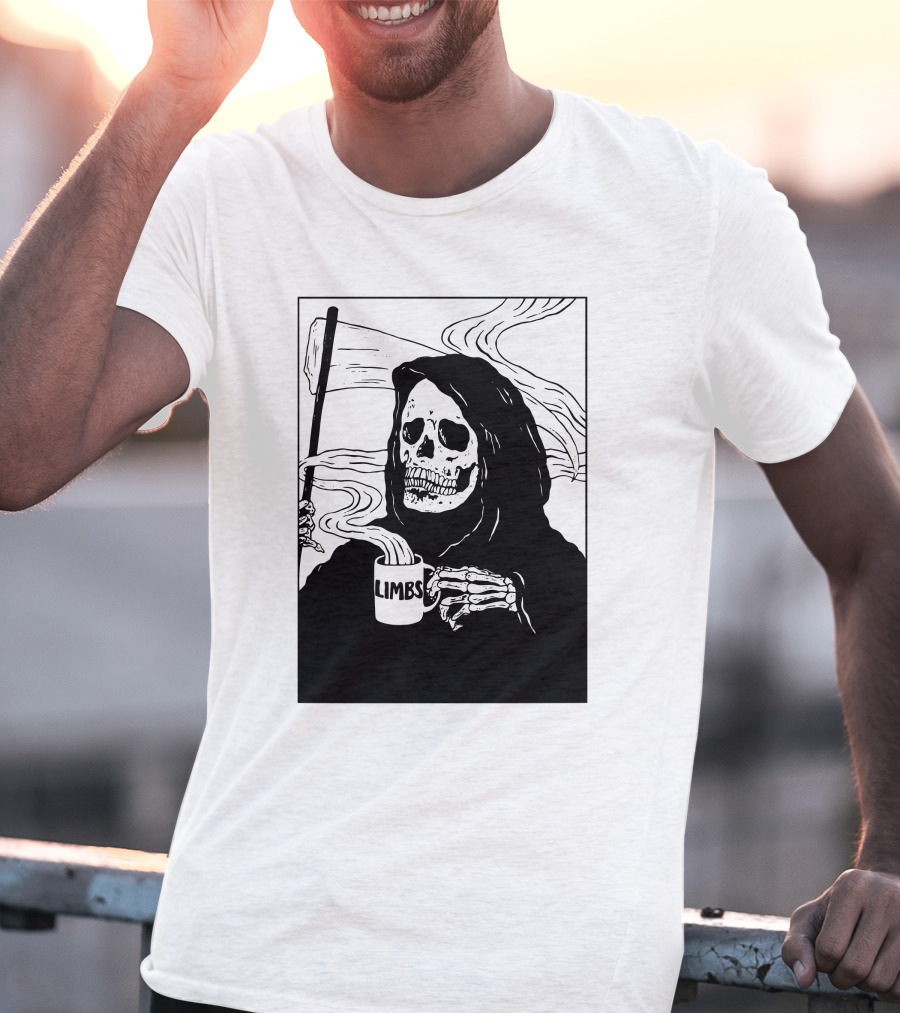 Chelsea Grin Down Right Merch Limbs Coffee Reaper Skeleton Holding Scythe And Mug T-Shirt
