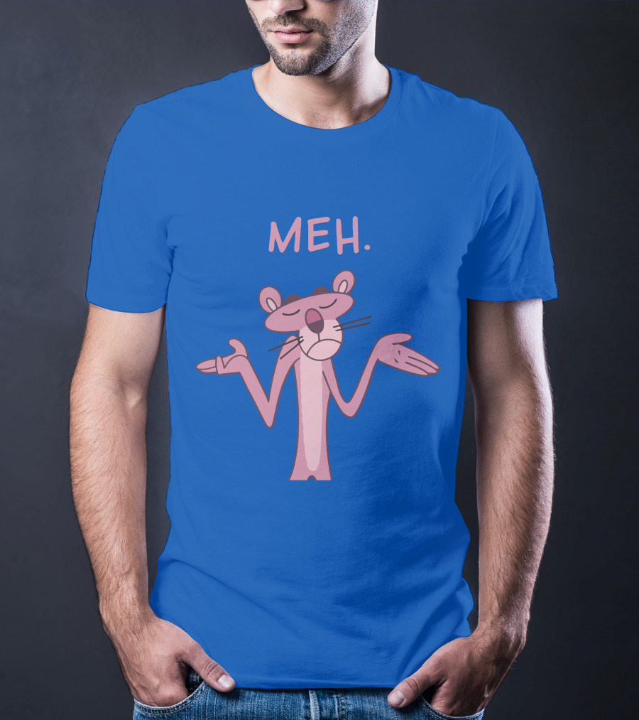 Qwertee Pink Panther Meh Apathy Blue Background T-Shirt