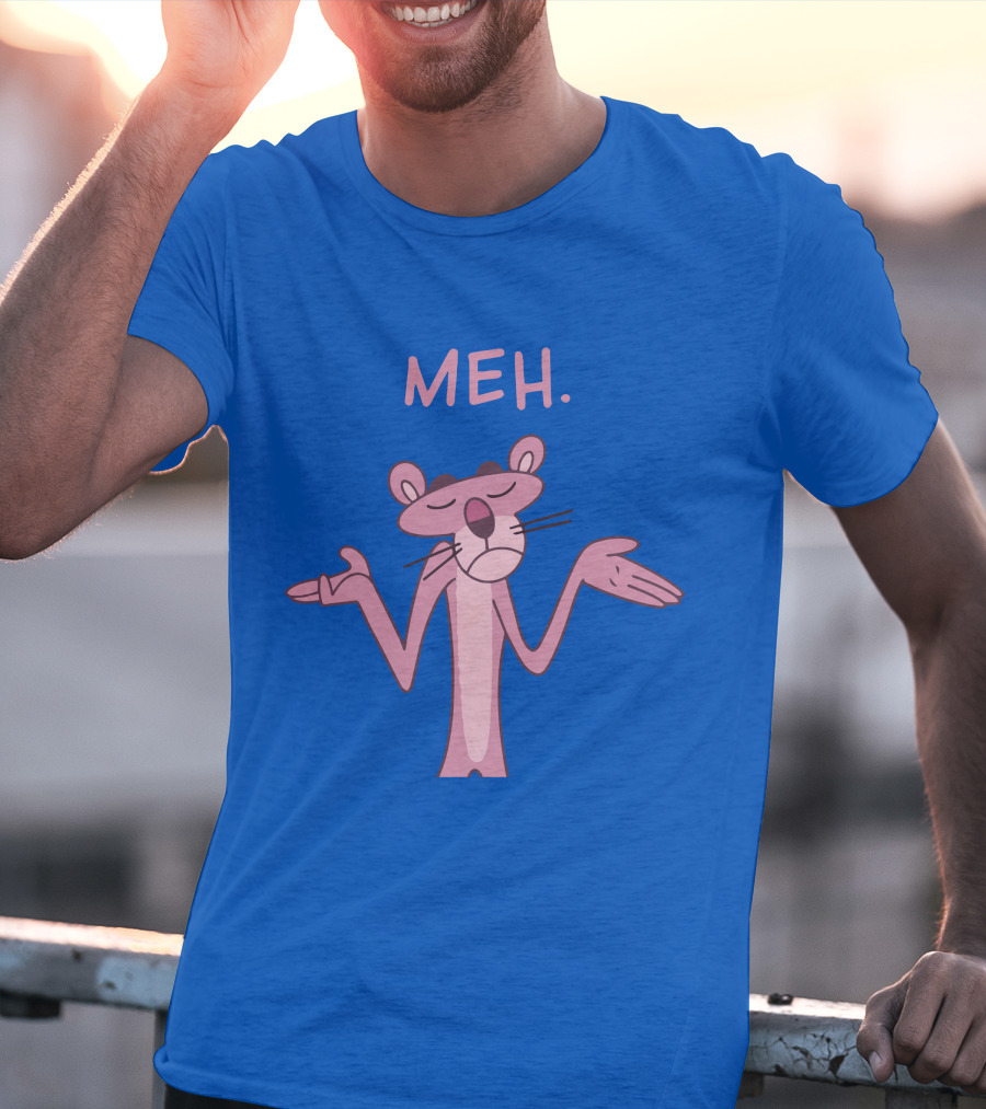 Qwertee Pink Panther Meh Apathy Blue Background T-Shirt