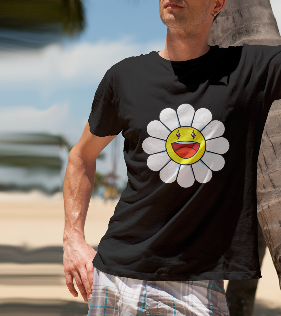 J Balvin Merch Blanco Large Flower Smiley Face With Lightning Eyes T-Shirt