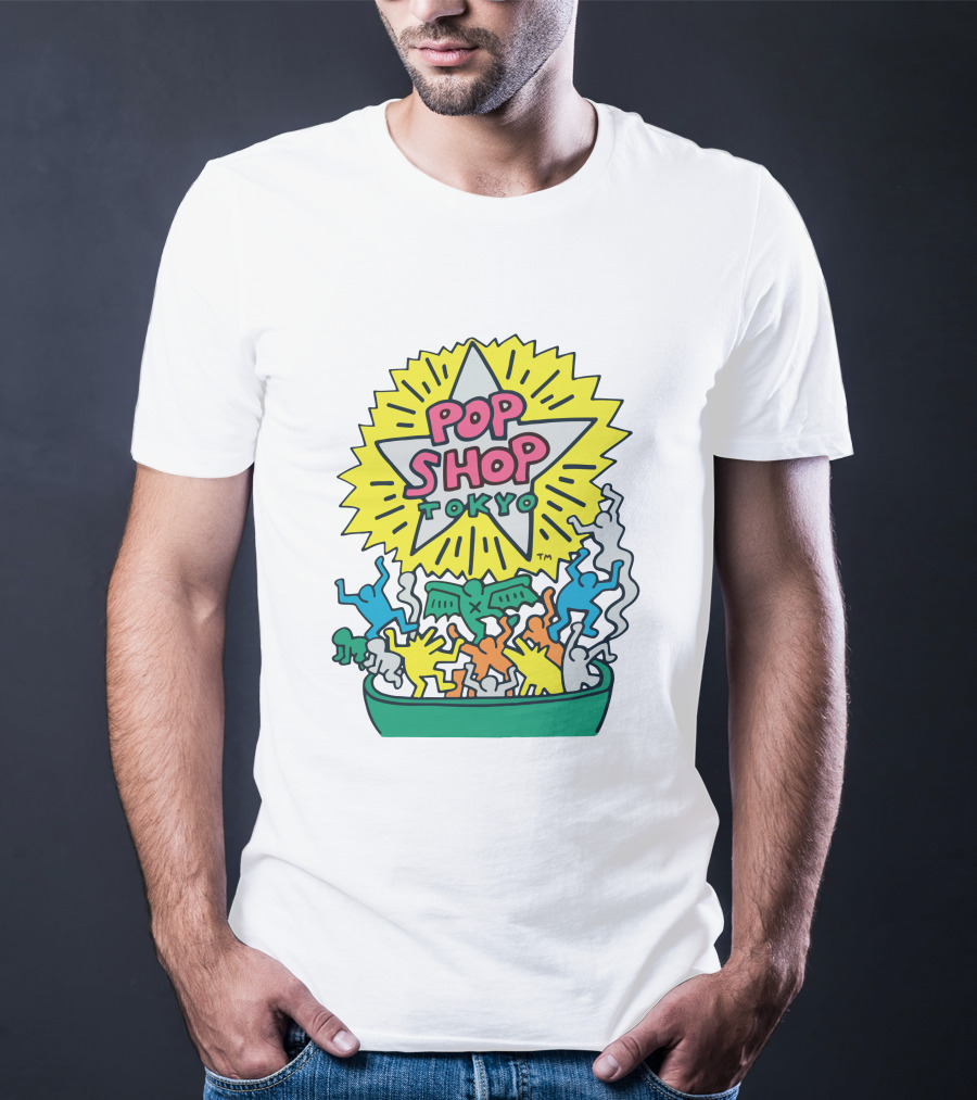 Orange Keith Haring Pop Shop Tokyo Starburst Colorful Figures T-Shirt