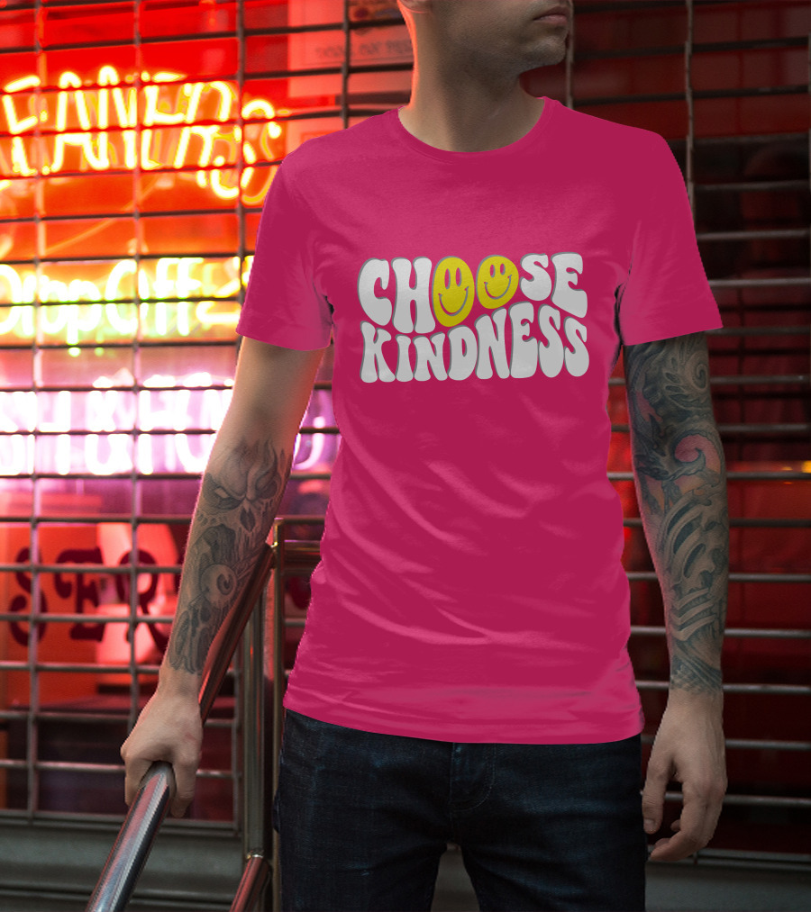 Miss Natali S Choose Kindness Smiley Face Groovy Font Pink Background T-Shirt