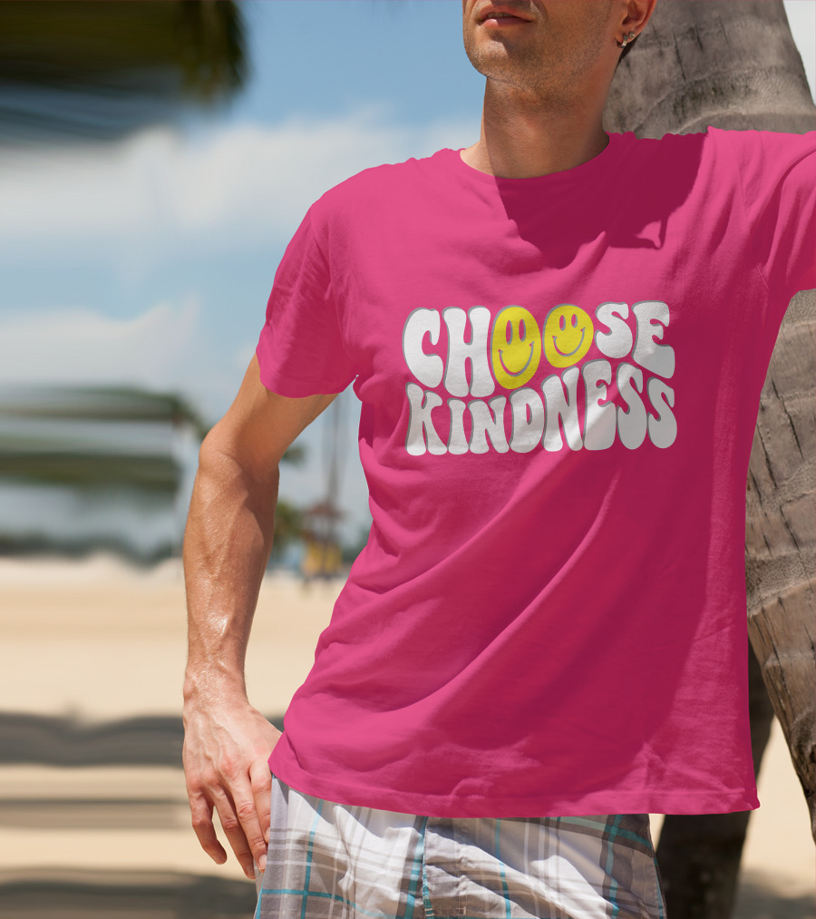 Miss Natali S Choose Kindness Smiley Face Groovy Font Pink Background T-Shirt
