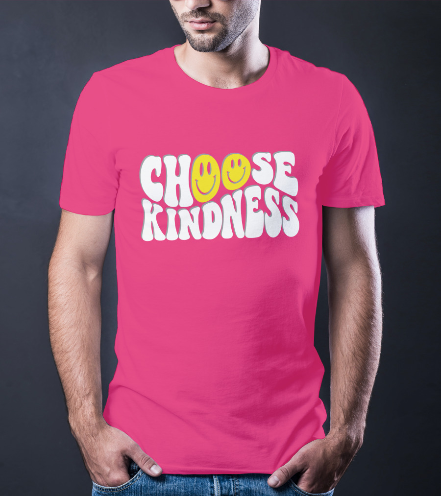 Miss Natali S Choose Kindness Smiley Face Groovy Font Pink Background T-Shirt
