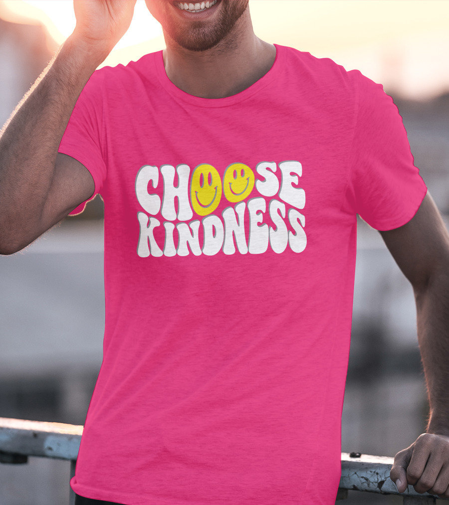 Miss Natali S Choose Kindness Smiley Face Groovy Font Pink Background T-Shirt