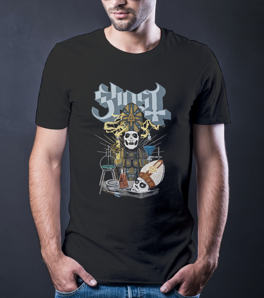 Ghost Reanimator Iconic Alchemy Imagery With Skull In Clerical Garb T-Shirt