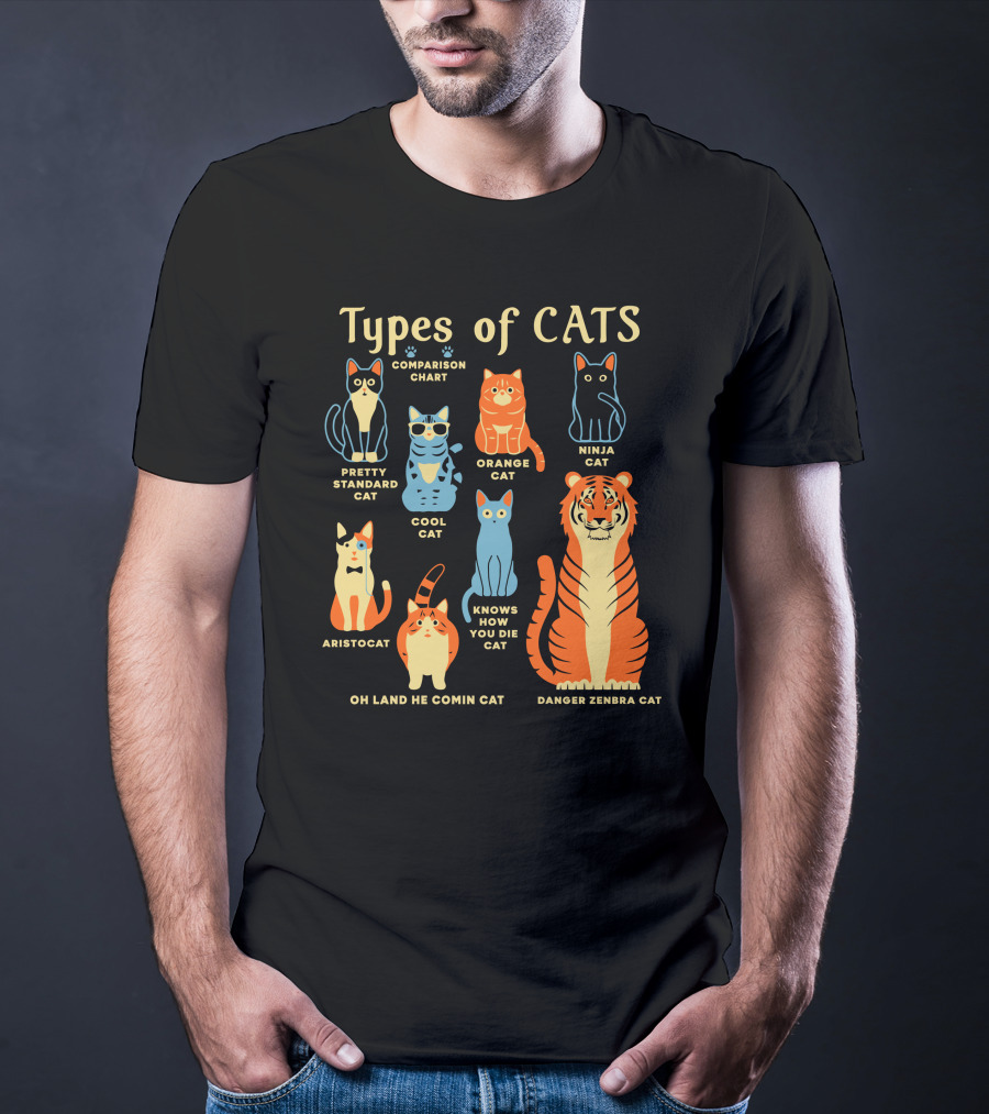 Types Of Cats Comparison Chart Pretty Standard Cat Orange Cat Ninja Cat Cool Cat Aristocat Danger Zenbra Cat Knows How You Die Cat Oh Land He Comin Cat T-Shirt