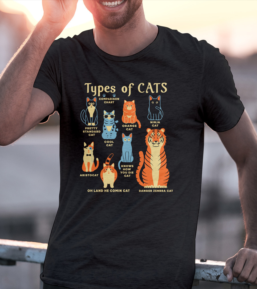 Types Of Cats Comparison Chart Pretty Standard Cat Orange Cat Ninja Cat Cool Cat Aristocat Danger Zenbra Cat Knows How You Die Cat Oh Land He Comin Cat T-Shirt