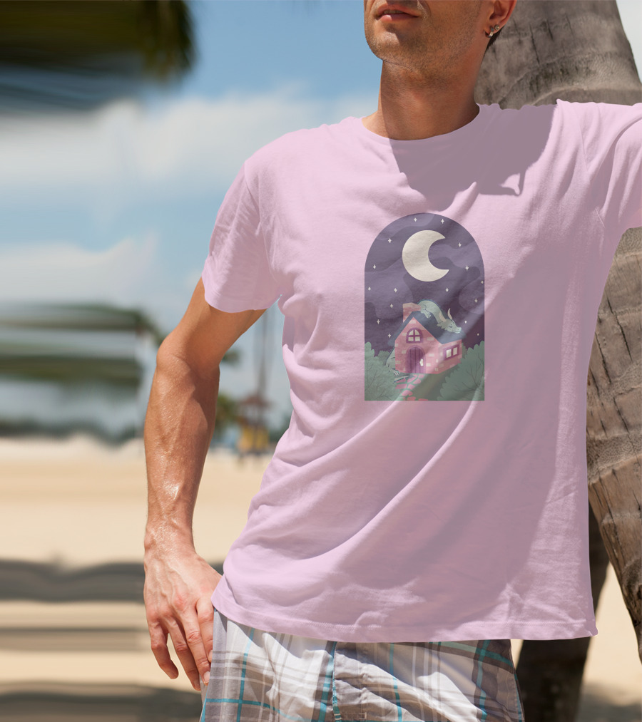 Sleepy Draginn Under Night Sky Crescent Moon Pastel Cottage T-Shirt