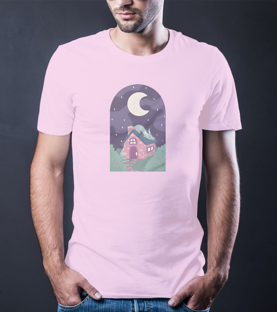 Sleepy Draginn Under Night Sky Crescent Moon Pastel Cottage T-Shirt