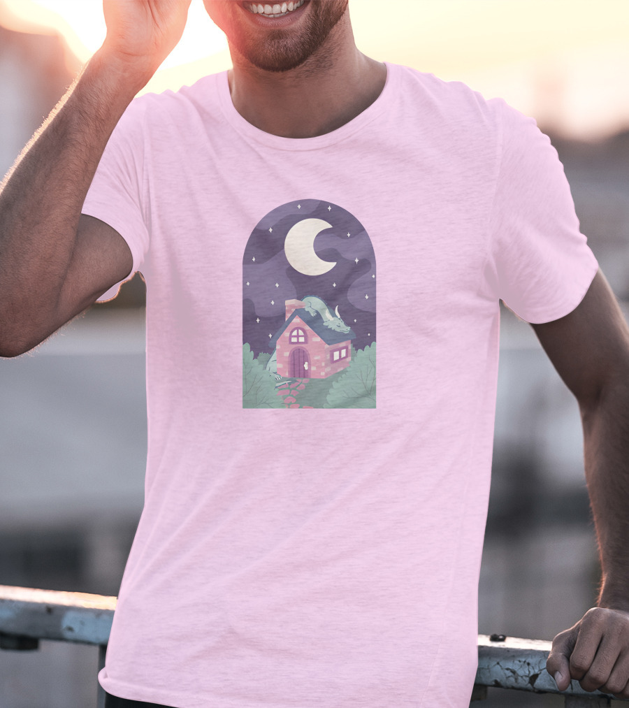 Sleepy Draginn Under Night Sky Crescent Moon Pastel Cottage T-Shirt
