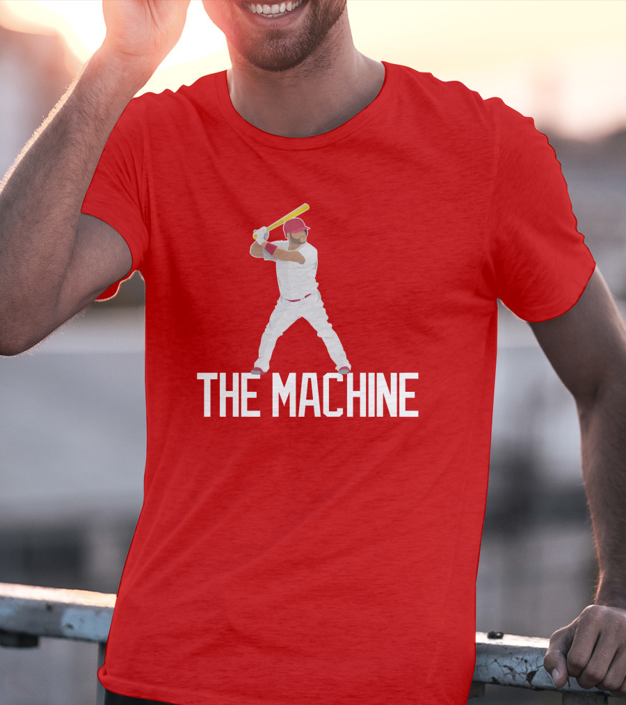 The Machine Baseball Player In White Uniform With Yellow Bat And Red Cap T-Shirt