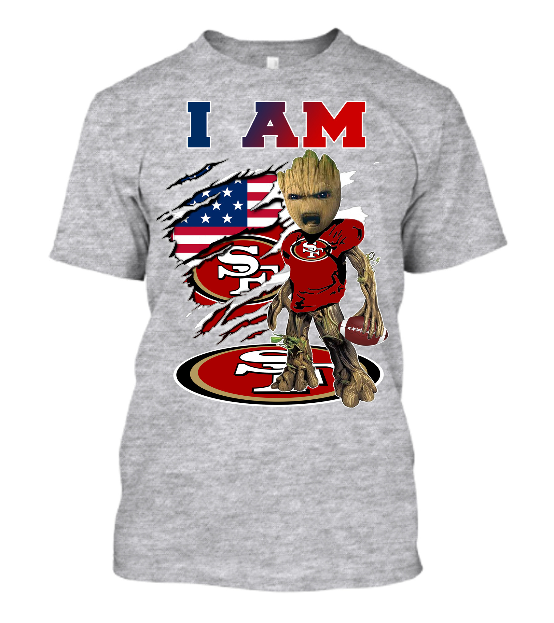I Am 49ers Baby Groot Football Usa Flag Swoosh T-Shirt
