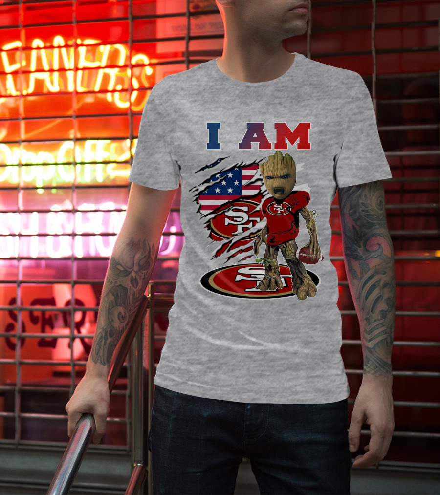 I Am 49ers Baby Groot Football Usa Flag Swoosh T-Shirt
