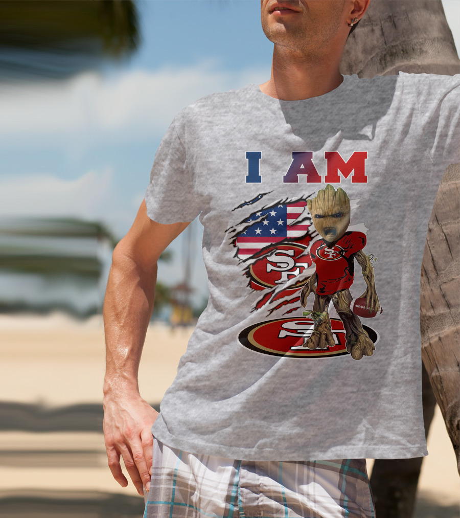 I Am 49ers Baby Groot Football Usa Flag Swoosh T-Shirt