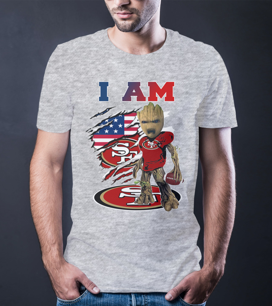 I Am 49ers Baby Groot Football Usa Flag Swoosh T-Shirt