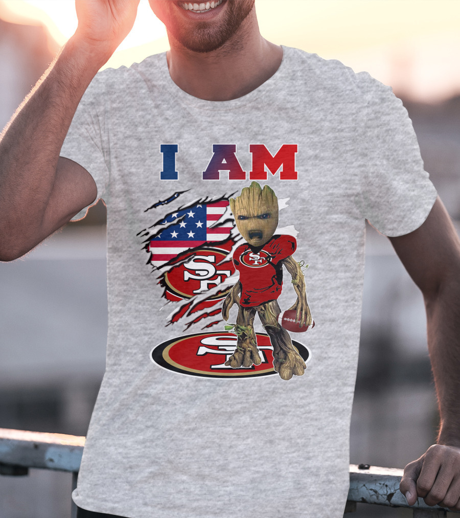 I Am 49ers Baby Groot Football Usa Flag Swoosh T-Shirt