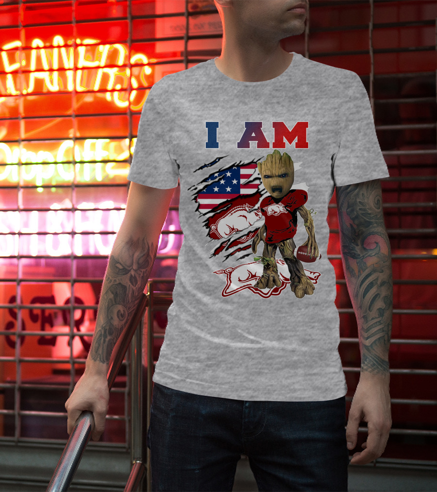 I Am Baby Groot Arkansas Razorbacks Football Usa Flag T-Shirt