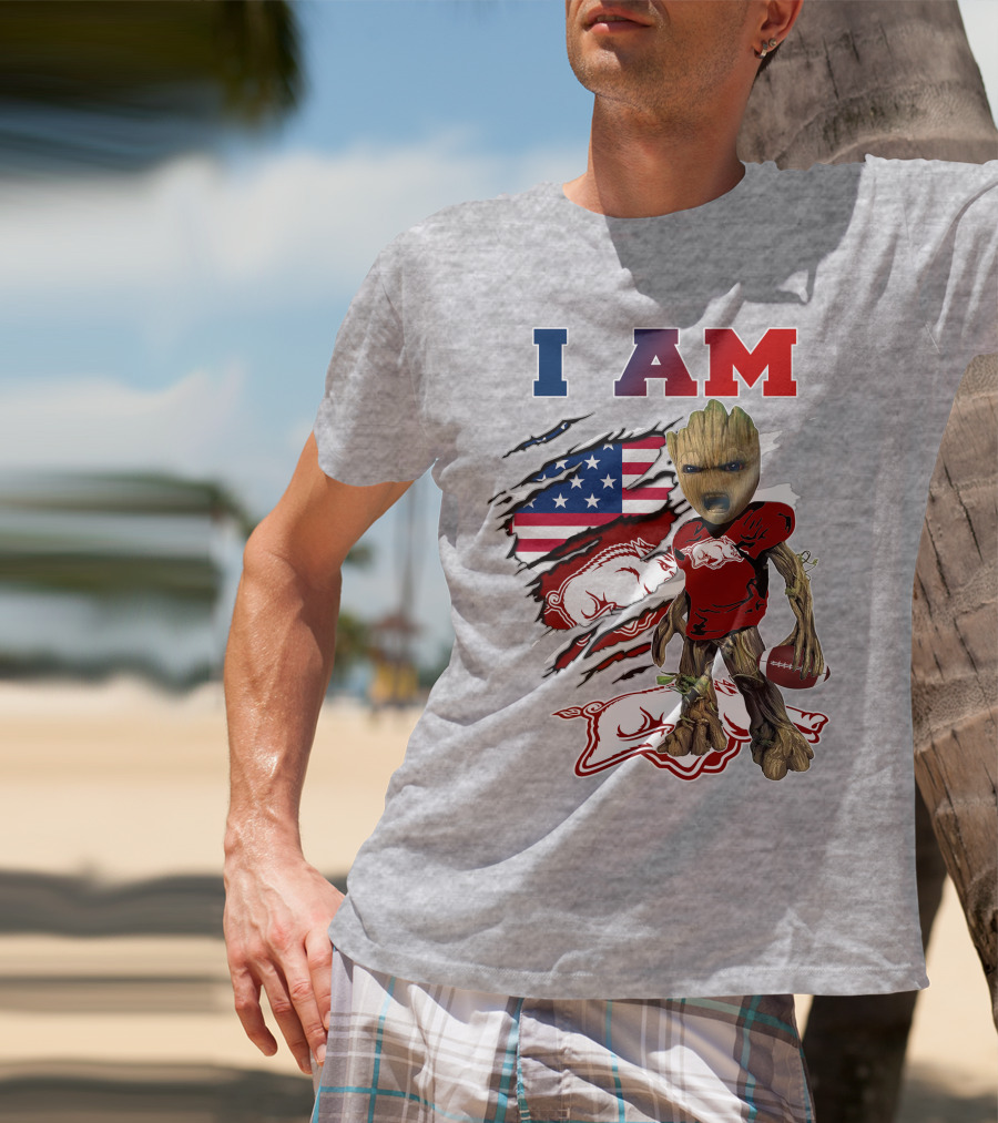 I Am Baby Groot Arkansas Razorbacks Football Usa Flag T-Shirt