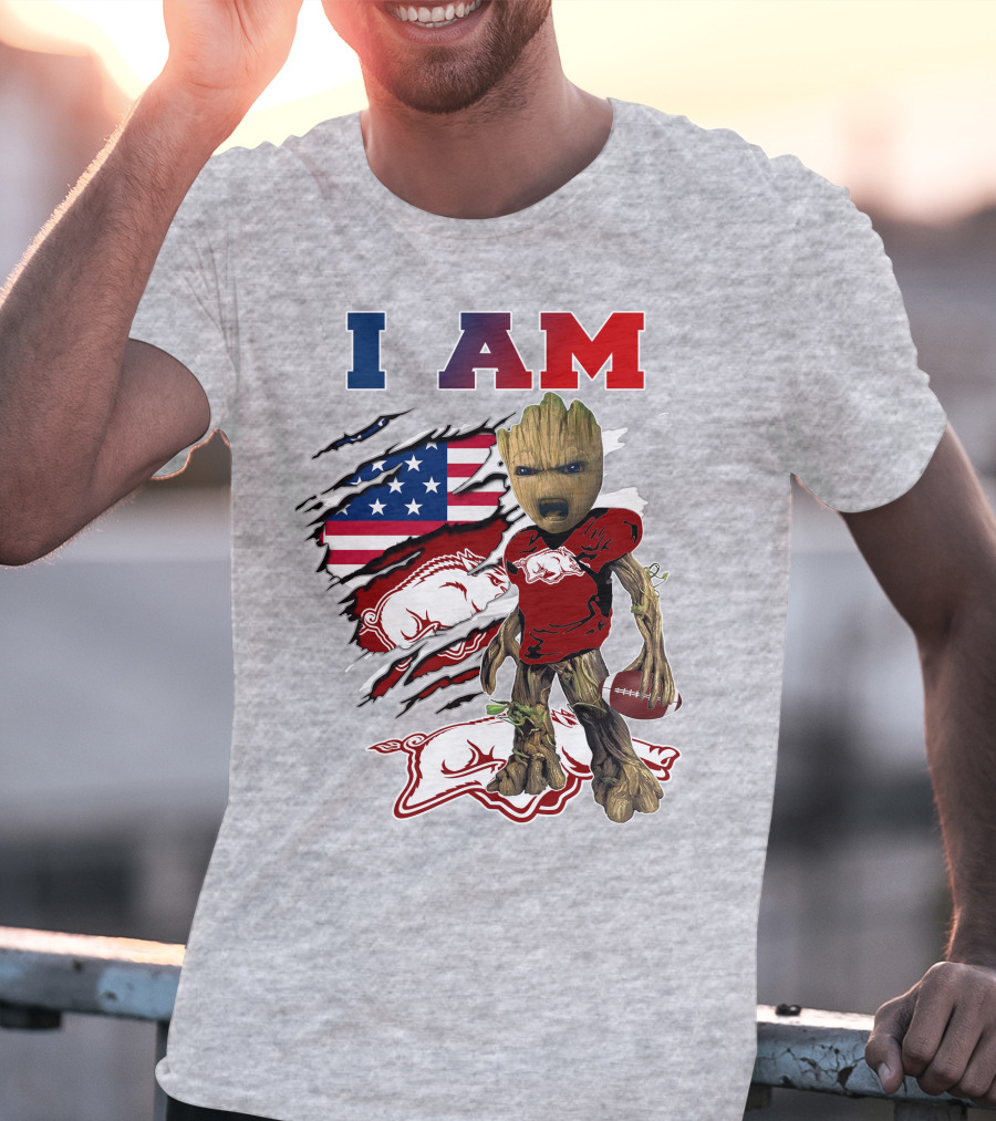 I Am Baby Groot Arkansas Razorbacks Football Usa Flag T-Shirt
