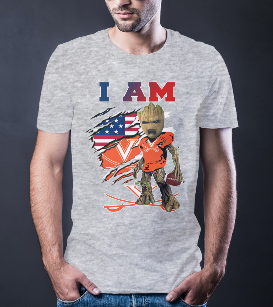 I Am Baby Groot Virginia Cavaliers Football Patriotic Flag T-Shirt