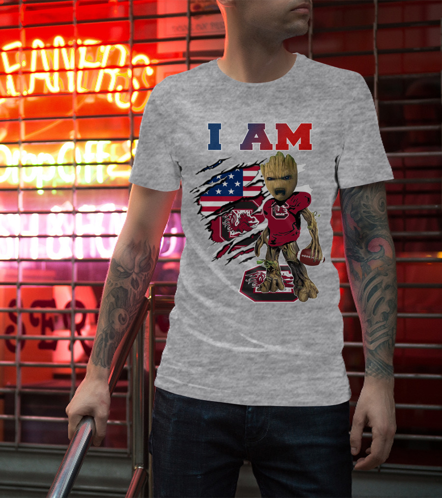 I Am Gamecocks Baby Groot Football American Flag T-Shirt