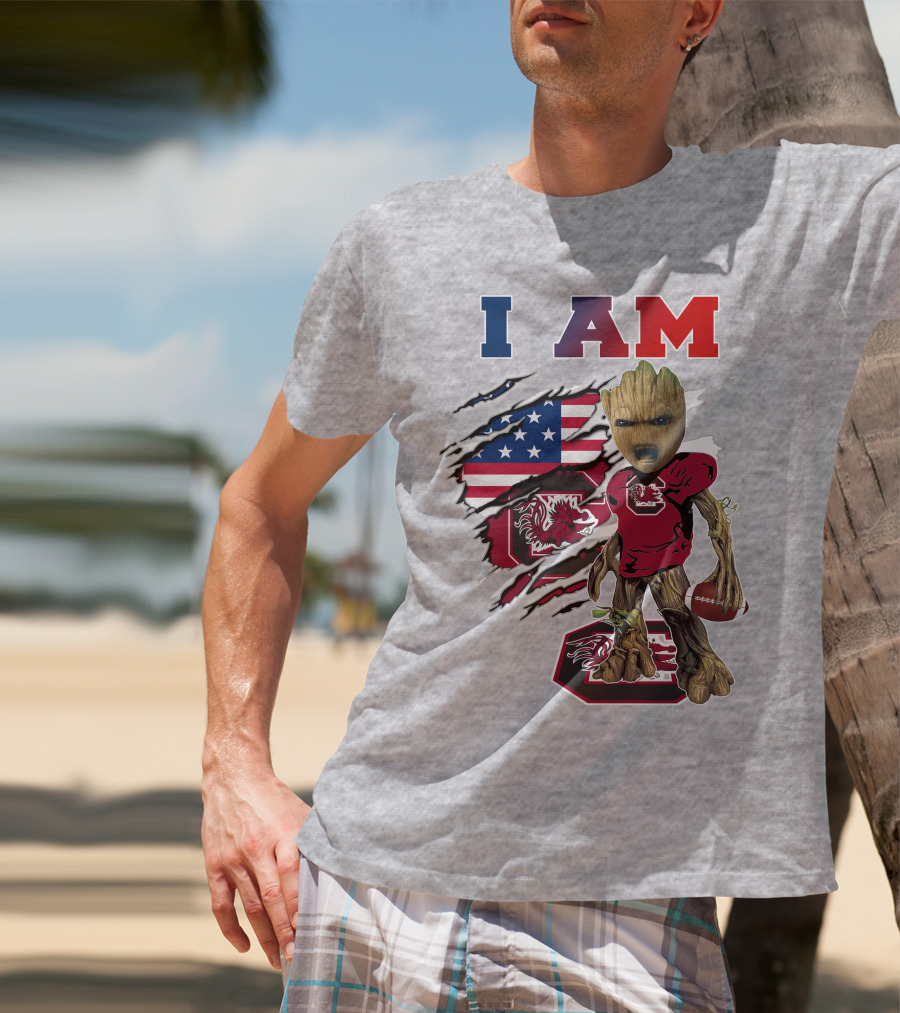 I Am Gamecocks Baby Groot Football American Flag T-Shirt