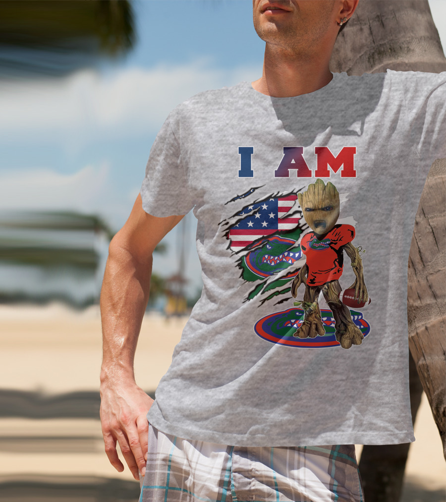 I Am Gators Baby Groot Football American Flag T-Shirt