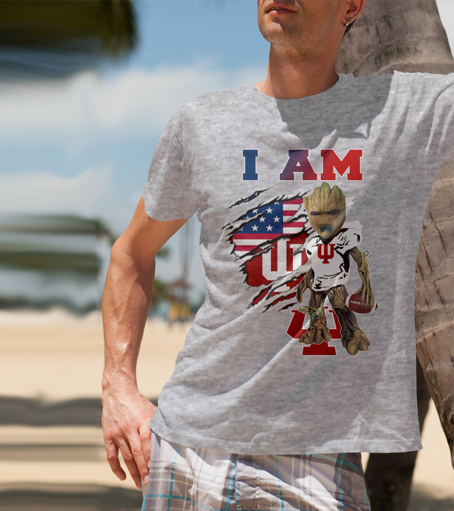 I AM Indiana University Hosiers Baby Groot Football USA Flag T-Shirt