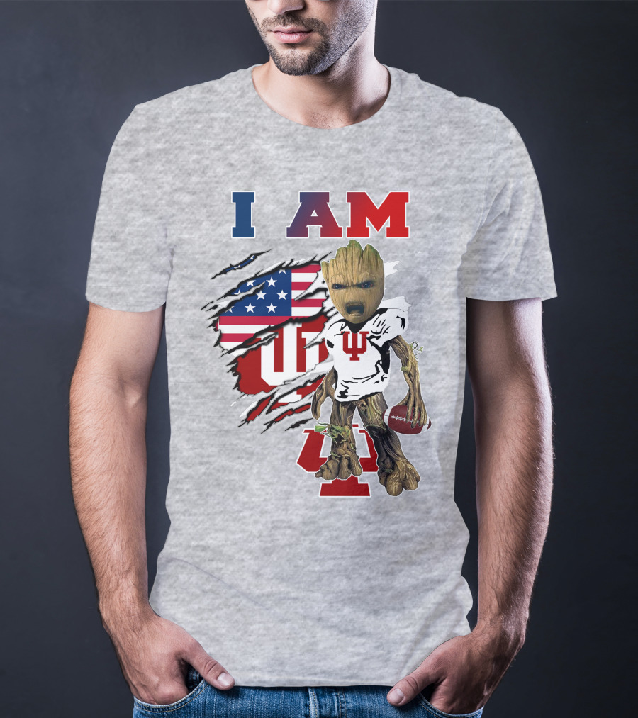 I AM Indiana University Hosiers Baby Groot Football USA Flag T-Shirt