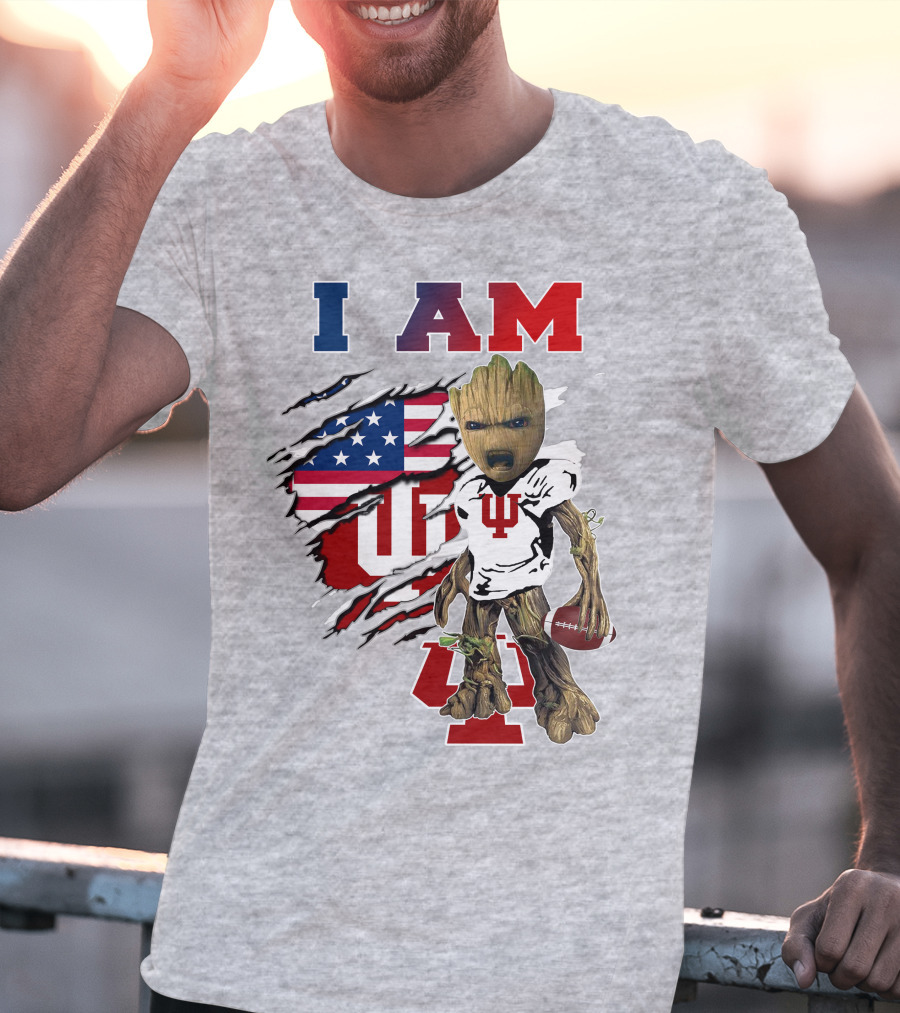 I AM Indiana University Hosiers Baby Groot Football USA Flag T-Shirt