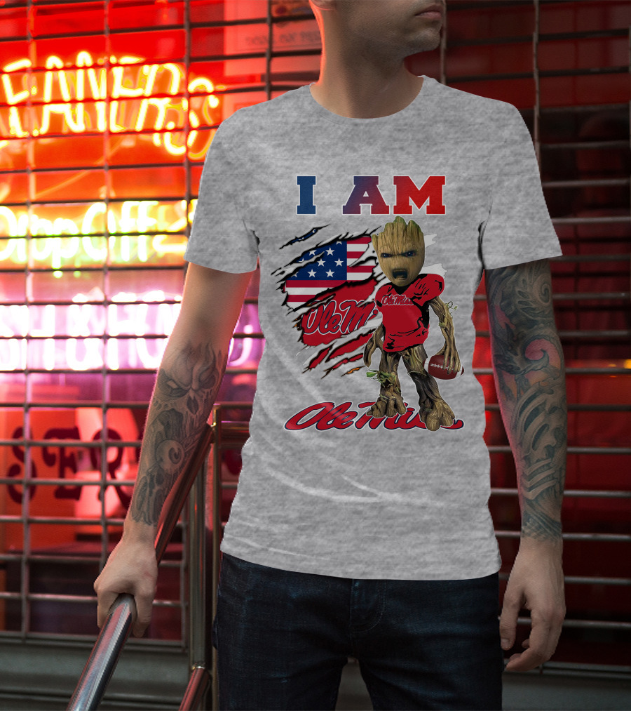 I Am Ole Miss Baby Groot Usa Flag Football T-Shirt