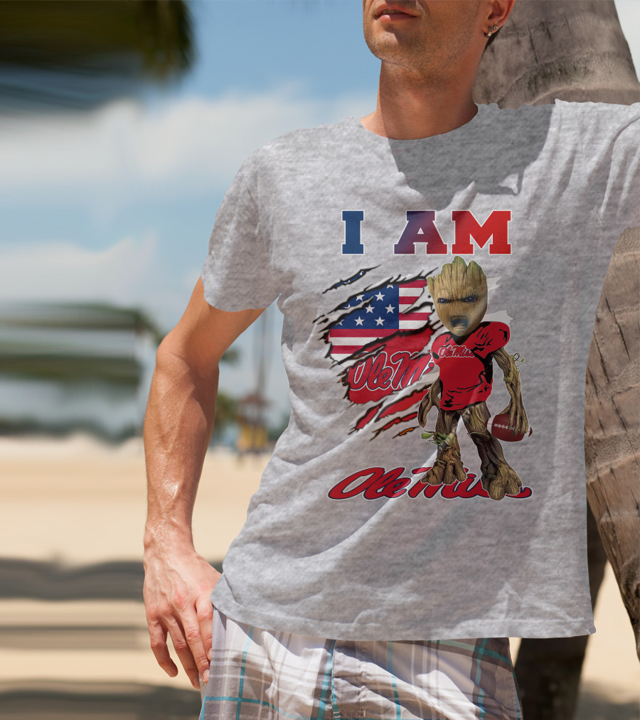 I Am Ole Miss Baby Groot Usa Flag Football T-Shirt