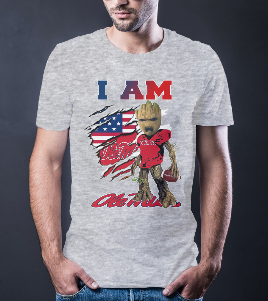 I Am Ole Miss Baby Groot Usa Flag Football T-Shirt