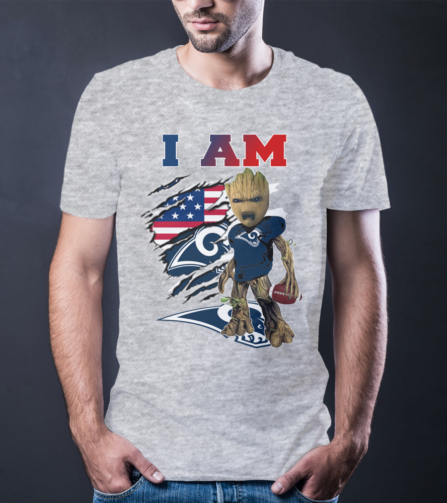 I AM Rams Baby Groot Football American Flag T-Shirt