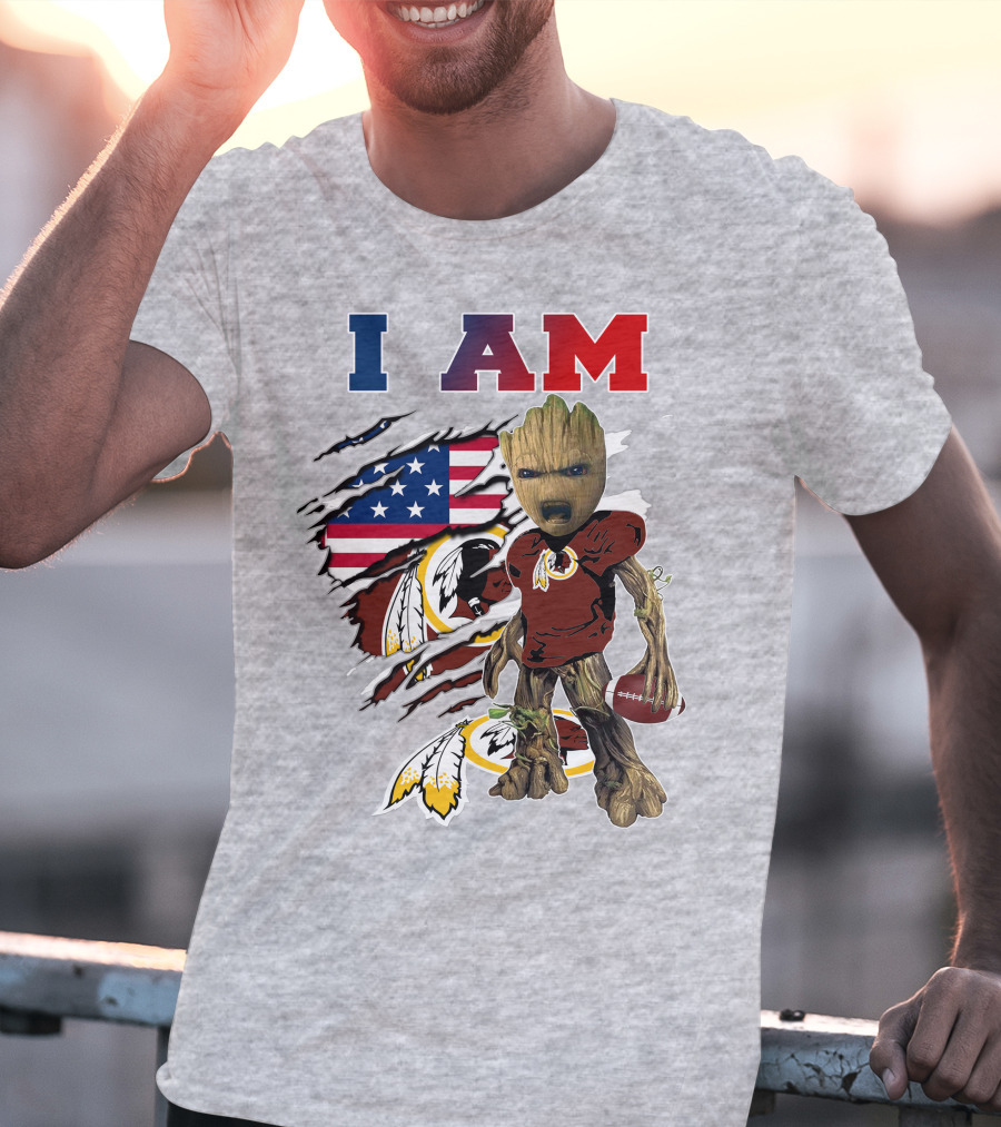 I AM Redskin Baby Groot Football USA Flag T-Shirt