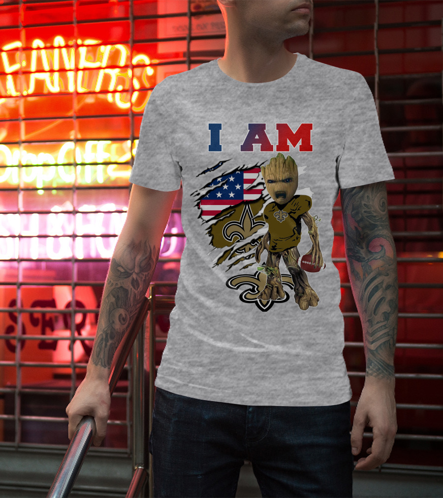 I Am Saints Baby Groot Nfl Football Fleur-De-Lis Usa Flag T-Shirt