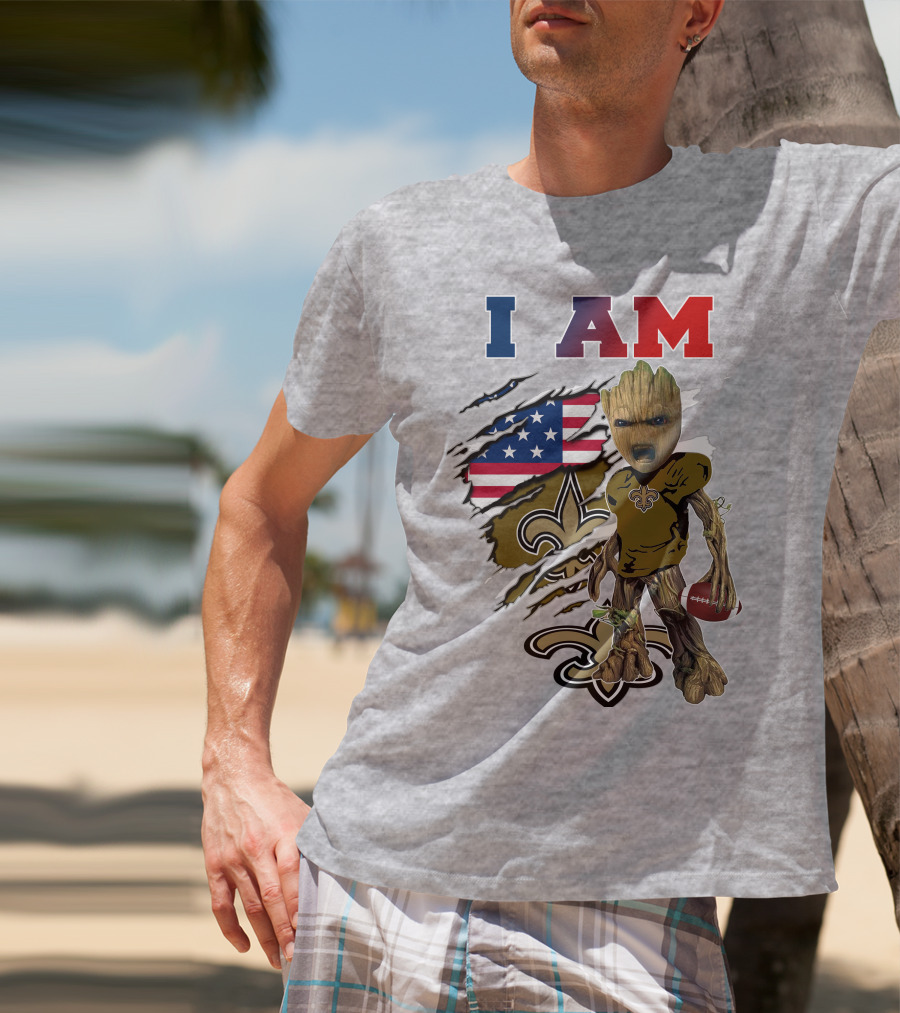 I Am Saints Baby Groot Nfl Football Fleur-De-Lis Usa Flag T-Shirt