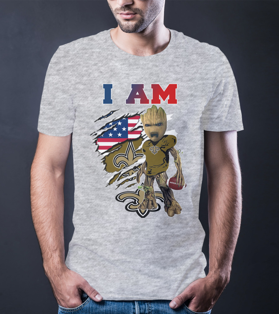 I Am Saints Baby Groot Nfl Football Fleur-De-Lis Usa Flag T-Shirt
