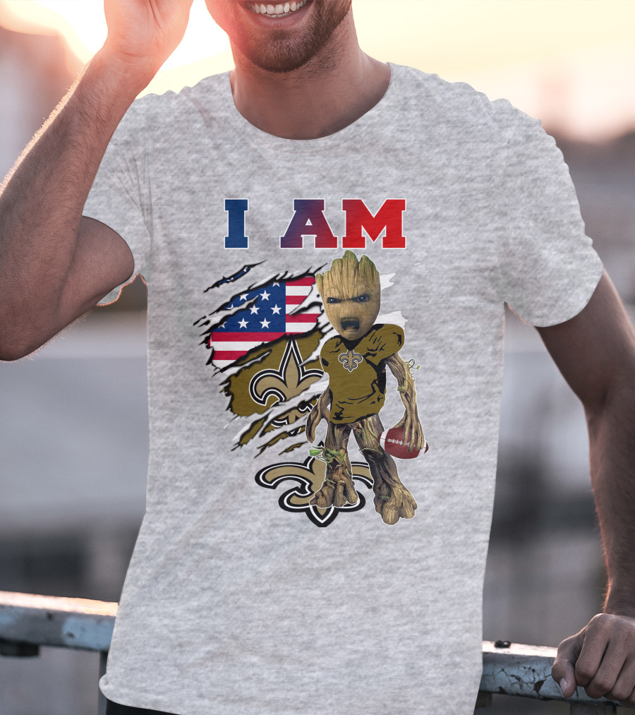 I Am Saints Baby Groot Nfl Football Fleur-De-Lis Usa Flag T-Shirt
