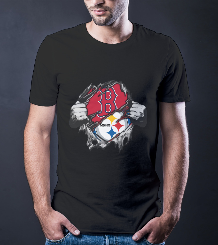 Steelers Red Sox Fusion Emblem With Torn Effect T-Shirt