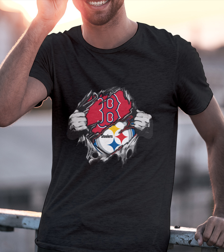 Steelers Red Sox Fusion Emblem With Torn Effect T-Shirt