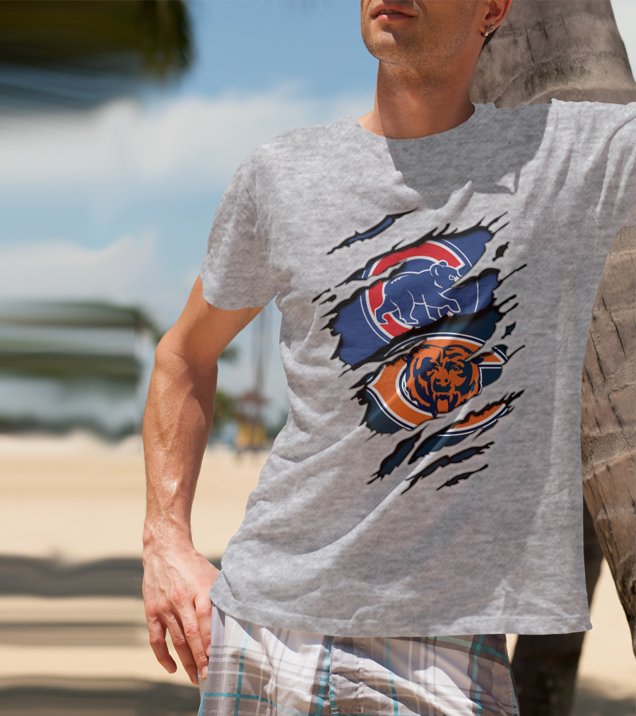 Cubs Bears Dual Logo Design Ripped Tear Combination T-Shirt