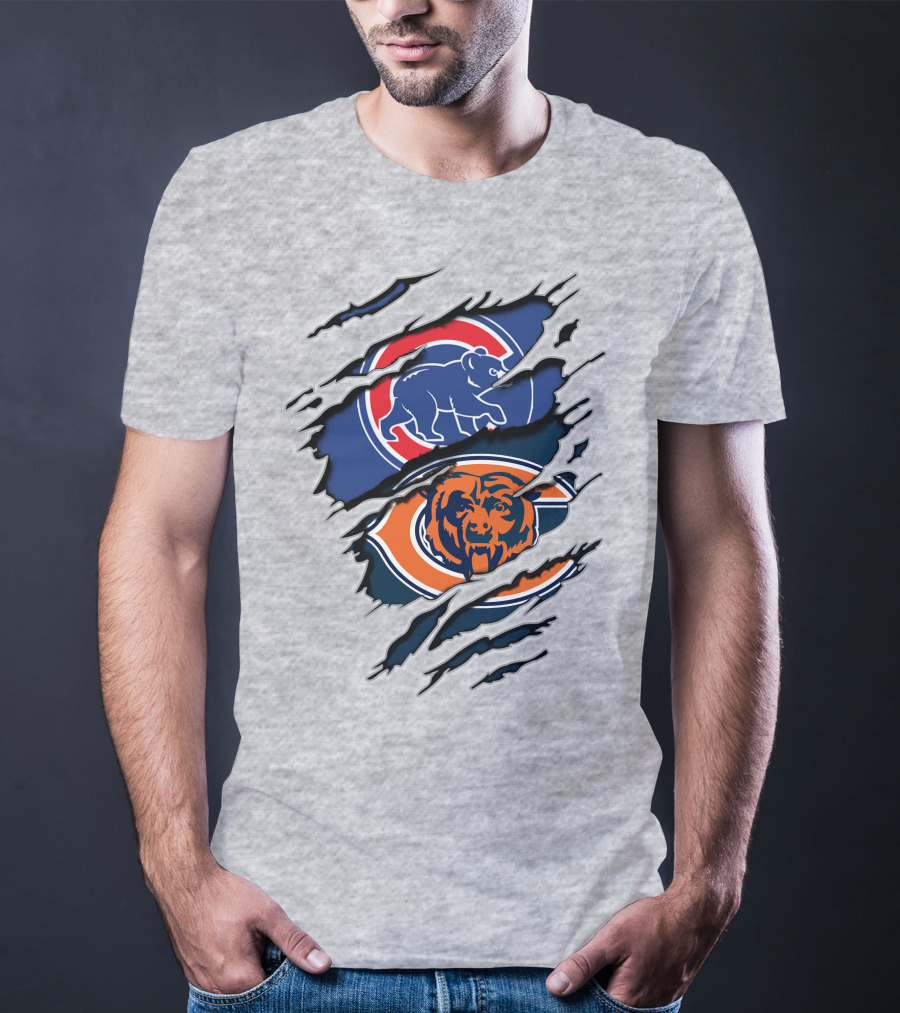 Cubs Bears Dual Logo Design Ripped Tear Combination T-Shirt
