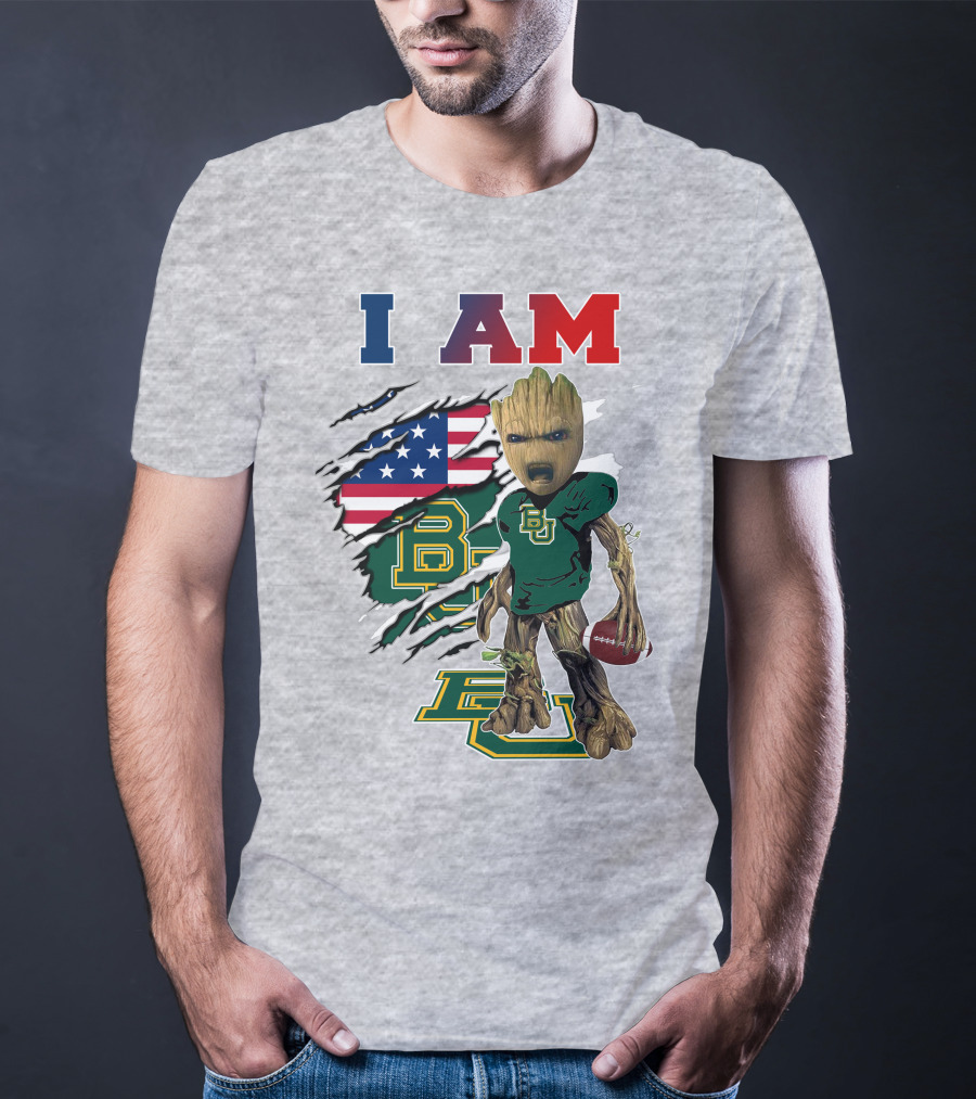 I AM Baylor Bears Groot Football American Flag T-Shirt
