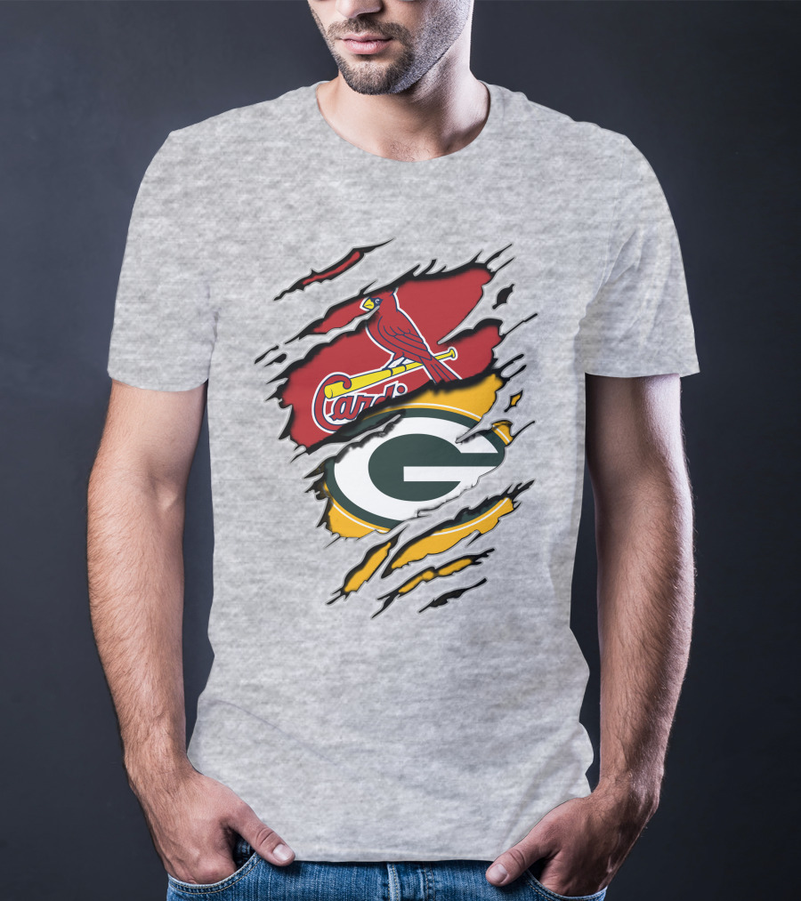 Cardinals Packers Logos Rip Torn Effect T-Shirt