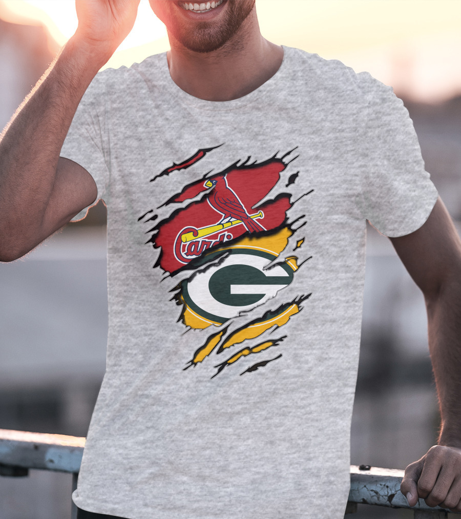 Cardinals Packers Logos Rip Torn Effect T-Shirt