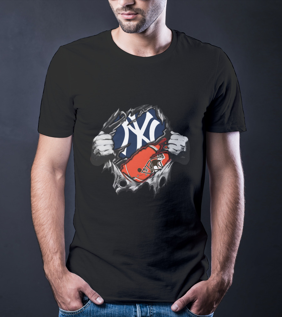 Yankees Browns Fusion Baseball And Football Fan Crossover T-Shirt
