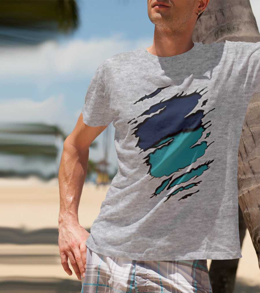 Yan-Dolphins19 Navy Teal Torn T-Shirt